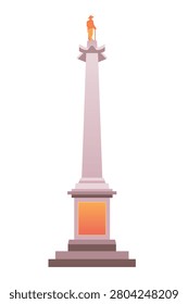 Flat design illustration of Nelsons Column in London. Stylized historic monument with a tall stone column and statue on top, symbolizing British heritage, naval history, national pride, and iconic urban landmarks.