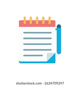 Una ilustración de diseño plano de un bloc de notas con un bolígrafo, con líneas limpias y una paleta de colores pastel.