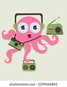 Flat Design Illustration Octopus With Camera, Radio, Boombox, and Headphone	