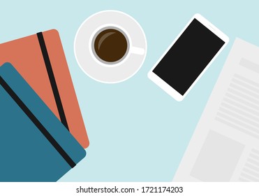 Flat design illustration of office desk with cup of coffee, notebooks and mobile phone - vector
