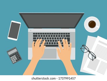 Flat design illustration of office desk and hand typing on silver laptop keyboard. Top view of cellphone, glasses and cup of coffee. Space for text, isolated on blue background - vector