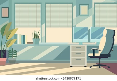 Flat Design Illustration of Office Room with Big Window and Modern Furniture