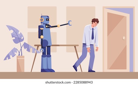 Flat design illustration of office worker being fired by robot with artificial intelligence.