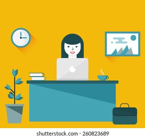 Flat design illustration of office workplace. Girl working or studying at computer. Young business woman using computer at office. Cartoon character. Design element