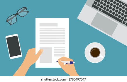 Ilustración de diseño plano del espacio de trabajo de oficina. Firmando un contrato de papel con un bolígrafo. Portátil y teléfono móvil sobre fondo verde - vector
