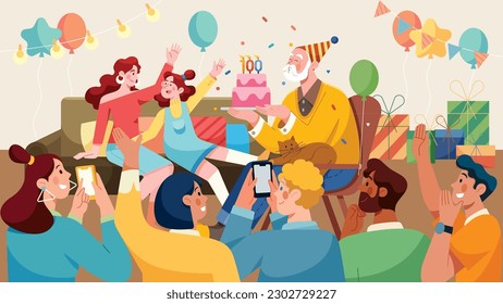 Flat design illustration of old man celebrating his hundredth birthday with his family and friends.