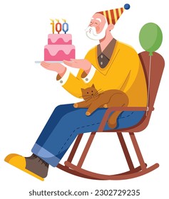 Flat design illustration of old man celebrating his hundredth birthday by blowing the candles on his birthday cake.