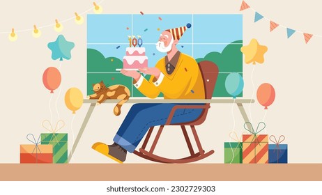 Flat design illustration of old man celebrating his hundredth birthday by blowing the candles on his birthday cake.