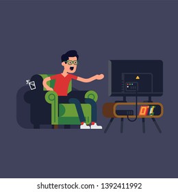 Flat design illustration on man sitting in armchair watching TV yelling at screen. Angry irritated guy in chair in front of television set