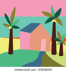 flat design illustration on tropical sand beach landscape with palms