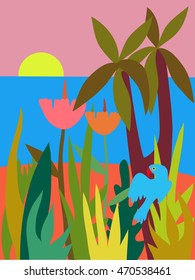 flat design illustration on tropical sand beach landscape with palms
