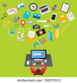 Flat design illustration of online education or e-learning.

