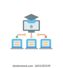 Flat design illustration of online learning network. Graduation cap on a computer connects to other computers.