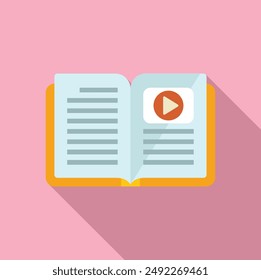 Ilustración de diseño plano de un libro abierto con un Botón Video de reproducción, concepto para audiolibros o