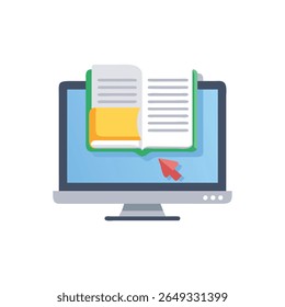 Flat design illustration of an open book on a computer screen, with a red cursor pointing to it, symbolizing online learning.