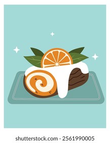  Flat Design Illustration with Orange Roll Cake with Vanilla Cream on a plate