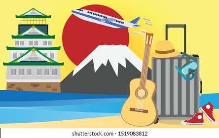 Flat design, Illustration of Osaka castle, Mount Fuji,Japan beach and travel bag  vector