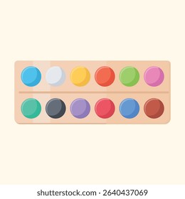 Flat design illustration of a paint palette.  The palette features round compartments filled with various colors.  The palette is displayed in a simple, graphic style.
