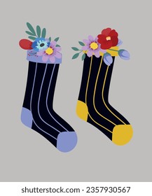 Flat Design Illustration with Pair of Socks and Flowers