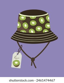 Flat Design Illustration with Panama Hat at Kiwi Pattern and Sale Tag