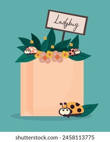 Flat Design Illustration with Paper Bag at Ladybug and Banner