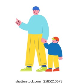 Flat design illustration of a parent and child holding hands. Man raising a child and his child. Vector illustration of a family.