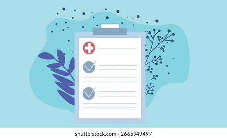 Ilustración de diseño plano del documento de resultados de la prueba del paciente. Damas verdes. Documento médico. Lista de verificación médica.