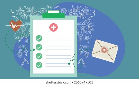 Ilustração de design plano do documento de resultados do teste do paciente. Xadrez verde. Documento médico. Lista de verificação médica.