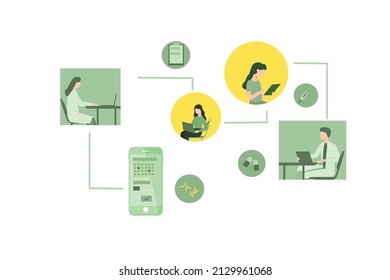 Flat Design illustration of Patients connecting online with their doctor, he is giving medical advice and prescription drugs, telemedicine concept