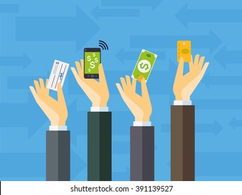 Flat Design Illustration Of Payment Methods - Hands Holding Cheque, Smart Phone, Dollar Cash And Credit Card