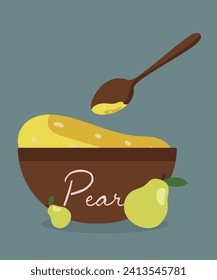 Flat Design Illustration with Pear Jam at Plate and Spoon