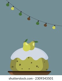 Flat Design Illustration with Pear Pudding and Decoration