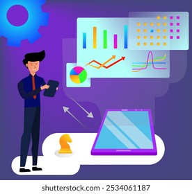 flat design illustration of people analyzing company statistics with technology and planning business strategies. chess pawn horse illustration sign