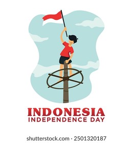 Ilustración de diseño plano de personas celebrando el Día de la Independencia de Indonesia al ganar la competencia Panjat Pinang. Participantes alegres alzando la bandera indonesia, simbolizando el orgullo nacional