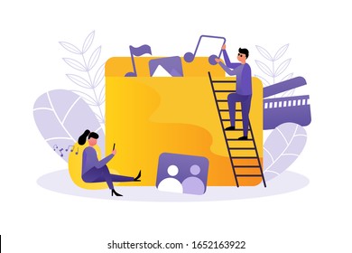 Flat design illustration people concept. Document management. Such as file, ringtone, photo, recording and others. Vector graphic resource