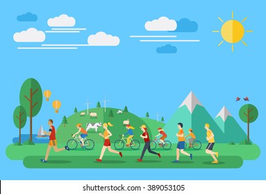 Flat design, Illustration of people jogging and biking in countryside