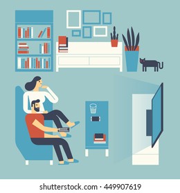 Flat design illustration people in a living room.