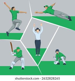 Flat Design Illustration: People Playing Cricket in Various Poses