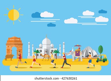 Flat design, Illustration of people running in India