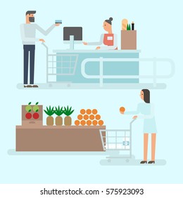 Flat design illustration people are shopping in a supermarket. The man pays by a credit card. The woman choose oranges.