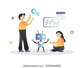 flat design illustration of people training ai robot, vector graphic design