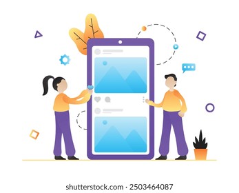 flat design illustration of people using social media, vector graphic design