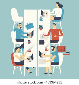 Flat design illustration people working in a co-working space 