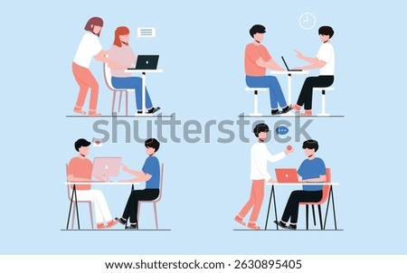 Flat Design Illustration of People Working and Collaborating with Laptops in Office or Co working Space 