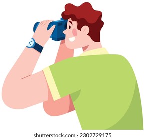Flat design illustration of person holding camera and taking picture against white background.