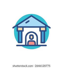 Flat design illustration of a person inside a building structure. Clean lines and minimalist aesthetic.