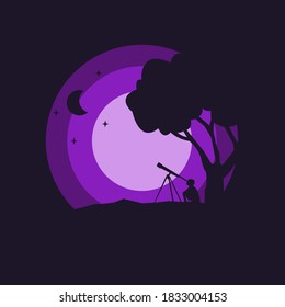 flat design. illustration of a person looking at the moon with a color telescope