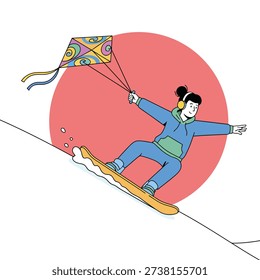 A flat design illustration of a person on a snowboard being pulled by a colorful kite across a snowy slope. Concept of winter extreme sports and wind power