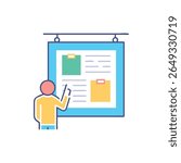 Flat design illustration of a person pointing to information posted on a billboard. A clean, professional style.