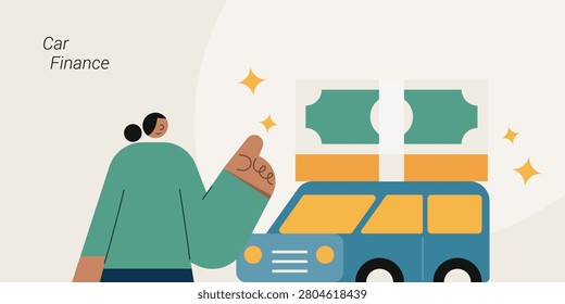 Flat design illustration of a person pointing at a car with stacked banknotes above, representing car finance and vehicle purchasing. Perfect for automotive, banking, loan.